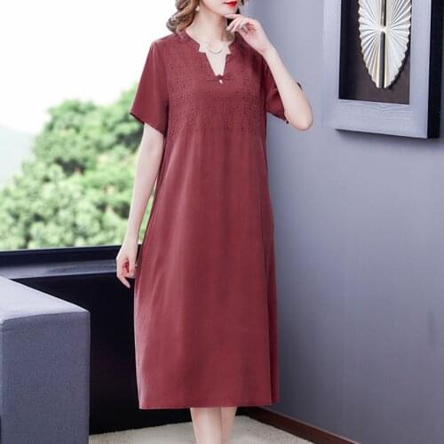 2021 Women Red Mulberry Silk Casual Midi Dress Summer Vintage Loose Solid V-neck Sundress Elegant Bodycon Elegant Party Vestidos