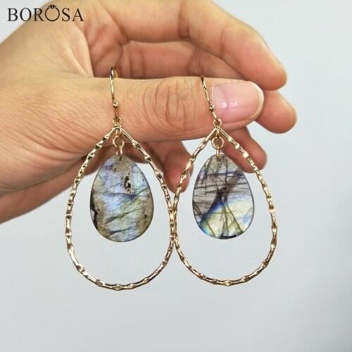 BOROSA 5/10Pairs Gold Earrings Natural Labradorite Drop Earrings Fashion Dangle Earrings for Women Jewelry Hoop Earrings G1936