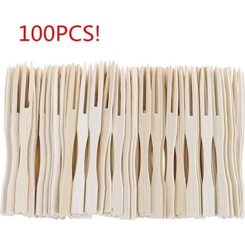 100PCS Bamboo Disposable Wooden Fruit Fork Dessert Cocktail Fork Decor Tableware Supplies Set Party Home Household