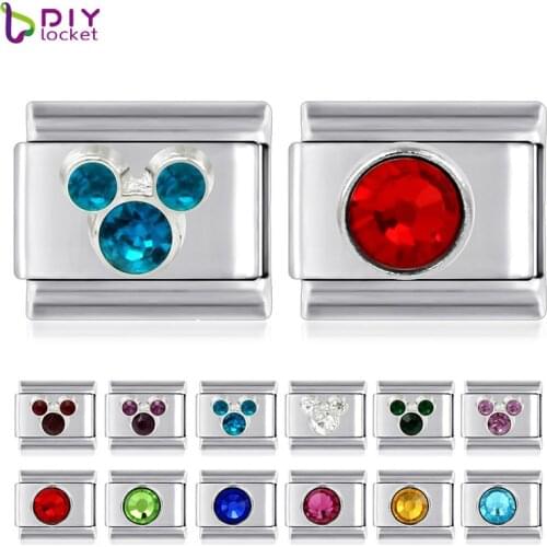 12pcs Mickey And Round Crystal Stainless Steel Birthstone Italian Charm Bracelet Charms LSIT116-117
