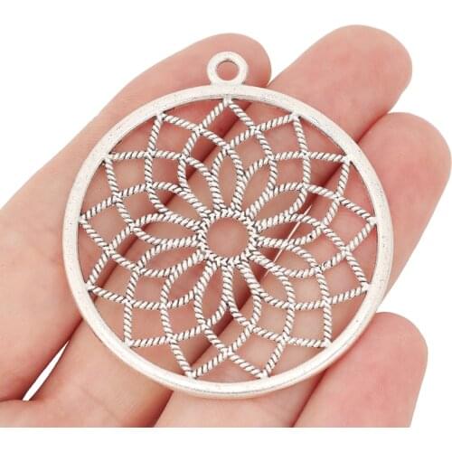 5pcs/lot Tibetan Silver Hollow Lotus Flower Round Charms Pendants for Necklace Jewelry Making Craft 54x49mm