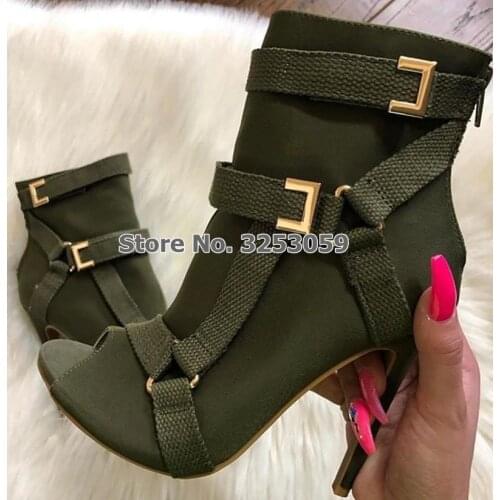 ALMUDENA Army Green Black Buckle Strap Ankle Boots Stiletto Heels Open Toe Motorcycle Boots Metal Buckle Decorated Dress Shoes