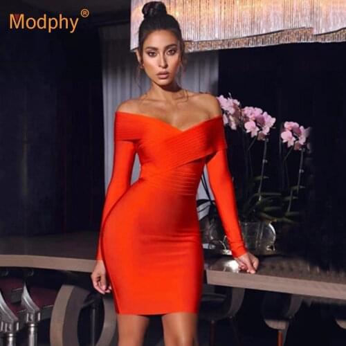 Free Shipping 2021 Spring Autumn Orange Fashion New Bandage Dress Sexy Strapless Long Sleeve Bodycon Club Evening Party Vestidos