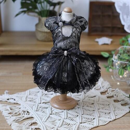 Free Shipping Handmade Dog Clothes Dog Dress Black Lace Puff Sleeve Court Style Evening Party Pet Cats Outfit Poodle Maltese