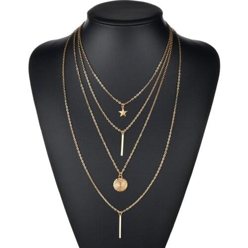 Classic Simple Solid Color Multiple Chains Metal Round Piece Star Stick Pendent Necklace for Women Men Girls Collar Jewelry Gift