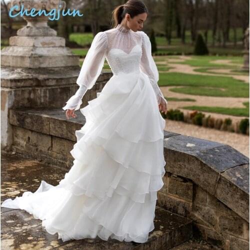 Chengjun 2020 Long Sleeves Modest Organza Skirt A-line Ruffles Wedding Dress Beaded Wedding Gown