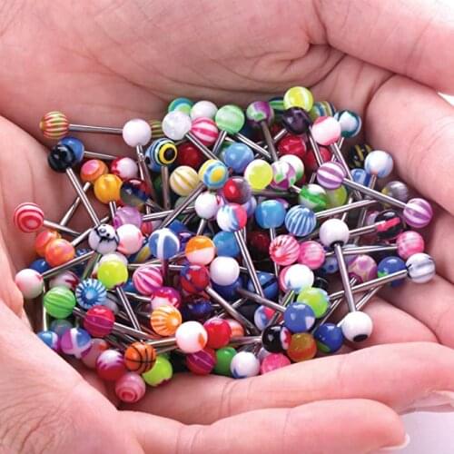 10/20/30/50/100 pcs Double Acrylic Ball Tongue Nipple Ear Rings Bars Barbell Plug Tunnel Body Piercing Jewelry Random Color