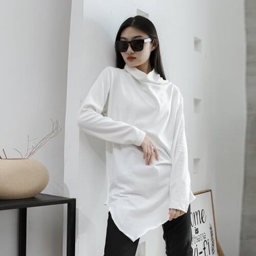 Japanese high collar medium length irregular hem long sleeve T-shirt backing shirt womens versatile top large Han banchao