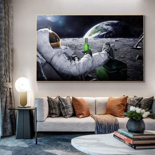 Outer Space Astronauts Relaxing Beers Moon Canvas Painting Posters and Prints Wall Art Pictures for Living Room Home Decoration