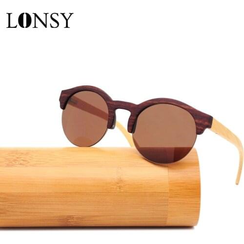 LONSY Retro Brown Bamboo Wood Sunglasses Women Men Brand Designer Vintage Half Sun Glasses Driving Mirror UV400 Eyeglasses