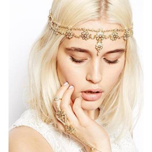 Fashion Chic Flower Crystal Pearl Gold Head Bands Womens Trendy Prom Metal Head Chain Forehead Headpieces Wedding Hair Jewelry