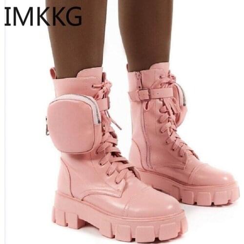 2020 New pu Chunky Boots Winter Fashion Motorcycle Boots Pocket Platform Women Ankle Boots Female Sole Pouch short Botas Mujer
