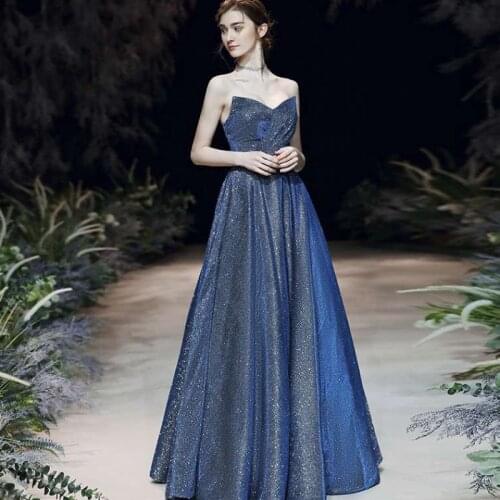 2021 new elegant modest luxury long dark blue fulgurant Star evening dress dignified A-LINE slim banquet host dress women