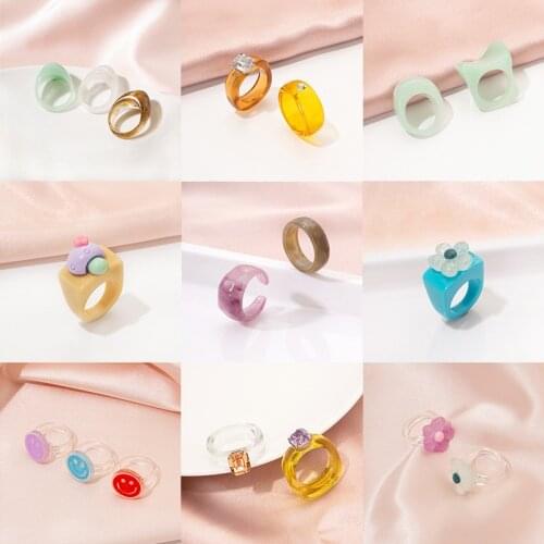 2021 New Colorful Transparent Acrylic Irregular Marble Pattern Resin Ring Funny Cute Smile Flower Rings for Women Girls Jewelry