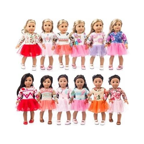 2021 New Pattern Clothes Printed Tulle Dress Fit 18 Inch American Doll And 43CM Baby Doll Accessories