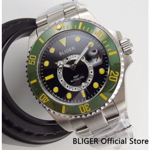 Solid BLIGER 43MM Black Dial Yellow Marks GMT Indicator Green Ceramic Bezel Sapphire Glass Automatic Movement Mens Watch B202