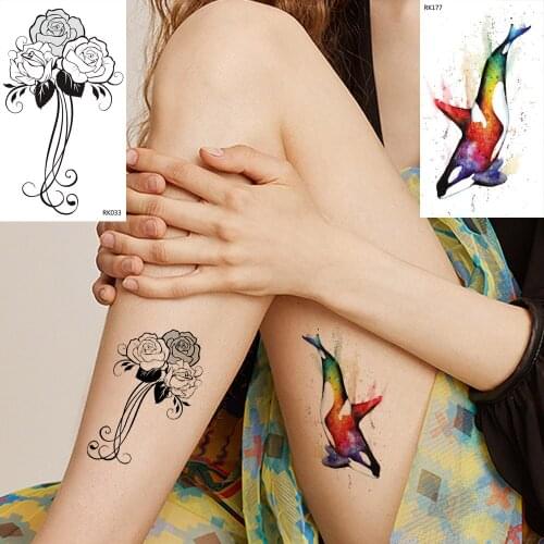 OMMGO Rose Watercolor Dolphin Fish Kids Temporary Tattoo Sticker Women Men Fake Tattoos For Children Custom Body Art Tatoos Arm