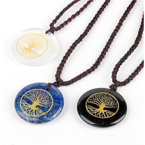 Natural Stone Tiger Eye Lapis Lazuli Tree of Life Round Pendant Statement Necklace Woman Charm Jewelry Vintage Rope Chain Choker