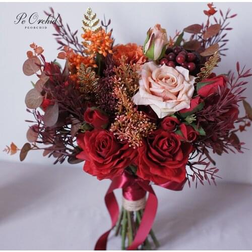 PEORCHID Vintage Burgundy Wedding Bouquet Rose Artificial flowers Decoration 2020 Brand New Bridal Gold Broach Bouquet
