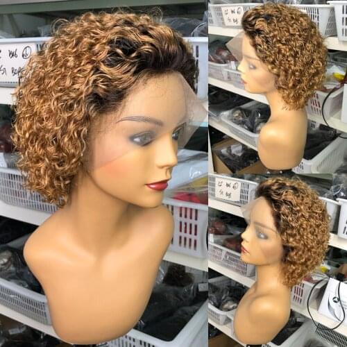 Ombre Blonde Short Curly Lace Front Human Hair Wigs For Black Women Pixie Cut Brazilian Remy Hair 180% 13x4 Lace Wig Pre Plucked