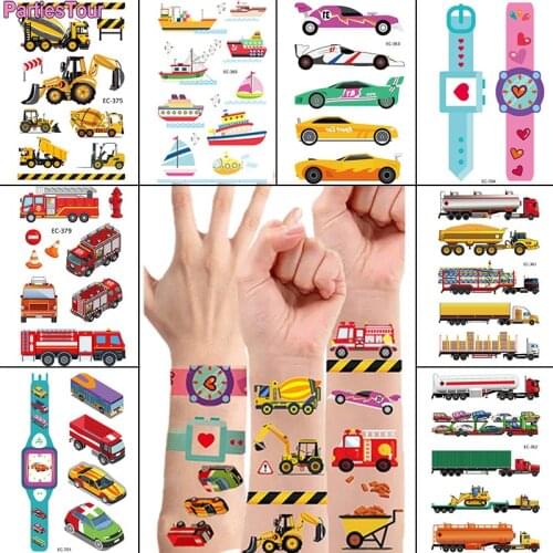 6 Sheets Construction Party Decor Temporary Tattoos Boat Fire Vehicles Car Excavators Fake Tattoos Stickers Kids Watch Tattoos