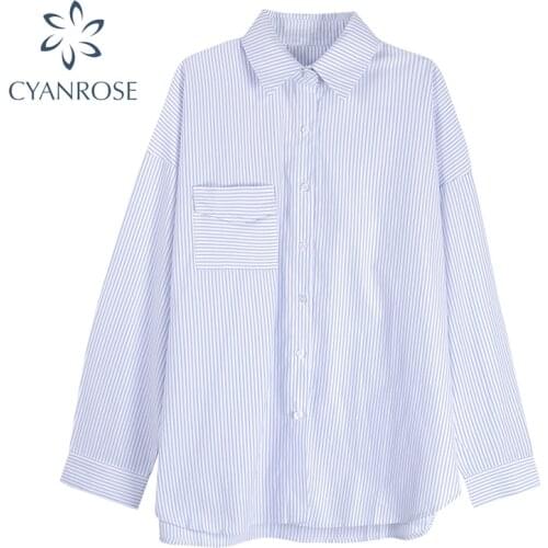 2021 Spring Autumn Women Shirts Stripe Long Sleeve Casual Oversized Blouses Female Tops Loose BF Korean Style Blusas Pockets