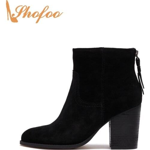 Black Woman Ankle Boots High Chunky Heels Round Toe Booties Zipper Large Size 13 15 For Ladies Flock Fashion Mature Shoes Shofoo