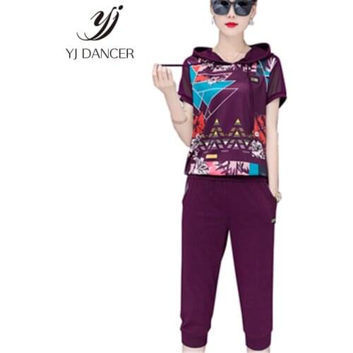 2019 Popular Womens Hooded Short Sleeve + Cropped Trousers Two-Piece Summer New Loose Large Size Casual Sports Suit H00801