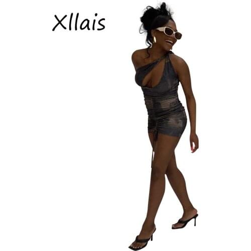 XLLAIS Print Bodycon Women Summer Dresses Sexy Sleeveless Vestidos Tie One Should Spaghetti Strap Folds Vacation Streetwear