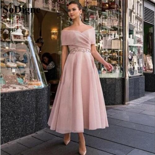 SoDigne Pink Summer Prom Dress Women Raglan sleeve Embroidery Party Gowns tea Length Lace Up Special Occasion Dress