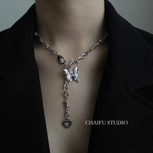 Butterfly Punk Love Personalized Necklace for Women Silver Jewelry Thorn Pendants and Necklaces for Women Gothic Kpop Goth
