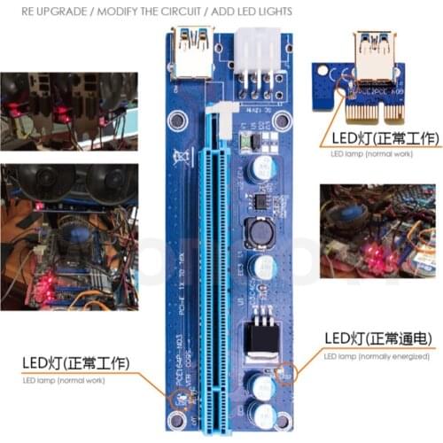009S PCIE RISER 6PIN 16X for BTC mining with 2 LEDs Express Card Sata Power Cable and 60cm Gold USB 3.0 Quality Cable