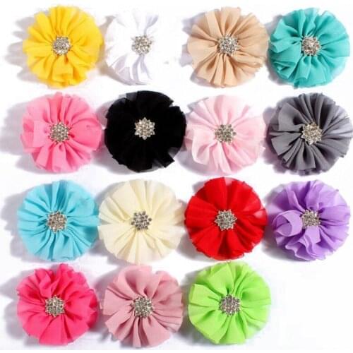 10pcs/lot 6.5cm 15colors Hair Clips Fluffy Chiffon Flowers+Snow Rhinestone Buttons Ruffled Fabric Flowers For Headbands DIY