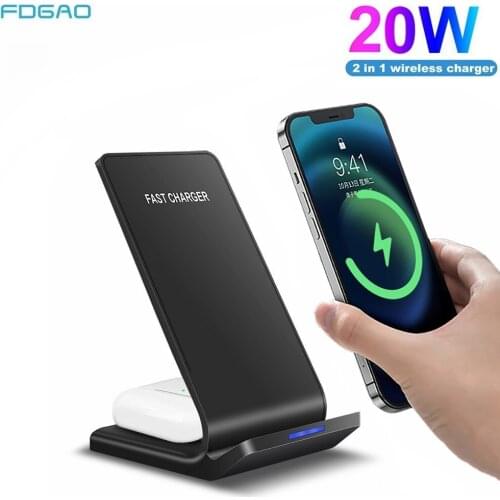 2 in 1 20W Quick Charge Dock Station Qi Wireless Charger Stand For iPhone 12 11 XR XS X 8 Airpods Pro Samsung S21 S20 S10 Buds