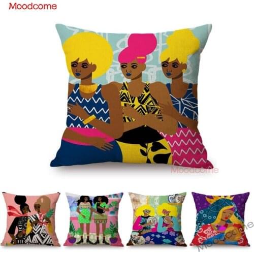 Africa Cartoon Modern Geometric Art Black Woman Girl Fashion Trendy Home Decorative Pillow Cover Linen African Art Cushion Cover