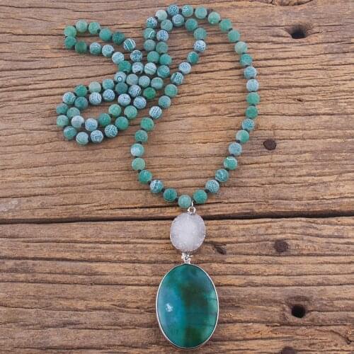 RH Fashion Bohemian Jewelry Accessory Natural Glass Knotted Natural Druzy Stone Links Green Pendant NecklacesWomen Boho Gift