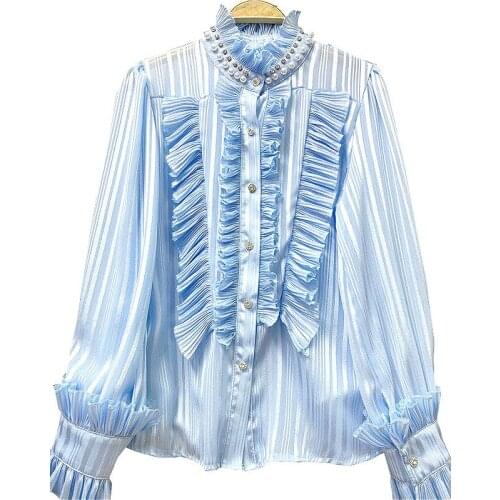 Beads Ruffled Collar Long Sleeve Blouse Womens All-Match Loose Tops Blusas Mujer 2021 Spring Female Clothes