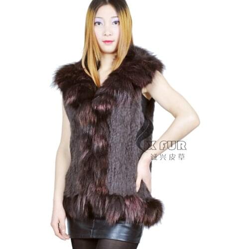 FREE SHIPPING CX-G-B-140D Genunie Rabbit Knitted Fur Vest With Fox Fur Trim