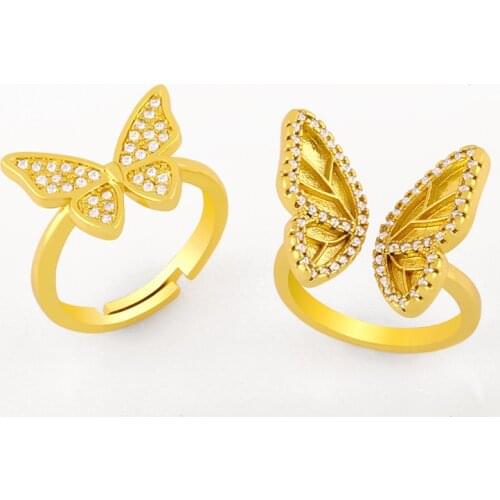 FLOLA Crystal Butterfly Rings For Women White Stone Cuff Open Finger Ring Adjustable Cubic Zirconia Korean Jewelry Gifts rigK04
