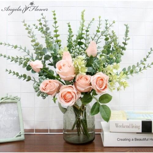 INS Bulgarian Artificial Rose eucalyptus Bouquet Wedding Bride Holding Flowers Home Decoration Fake Flowers Photo Props Gifts