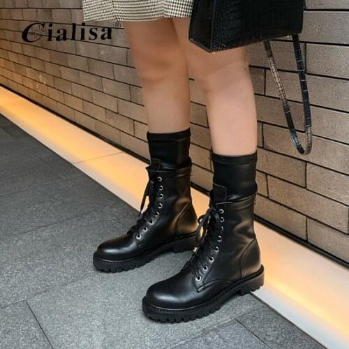 Kanseet New Shoes 2020 Genuine Leather Autumn Winter Fashion Lace Up Chunky Heels Boot Round Toe Mid Heel Women Ankle Boots