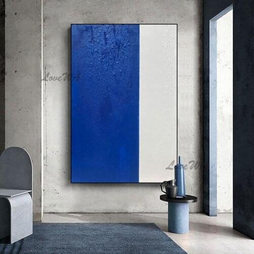 Contemporary Abstract Handpainted Painting Of Pure Blue And White Colors Home Decoration Picture For Living Room Unframed Art