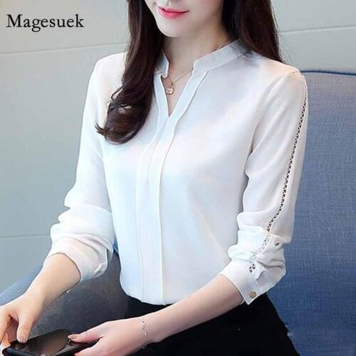 Fashion Casual Solid White OL Blouse Woman 2020 Long Sleeve Women Tops Chiffon Hollow Shirt Blusa Feminina Shirt Women 0913 40