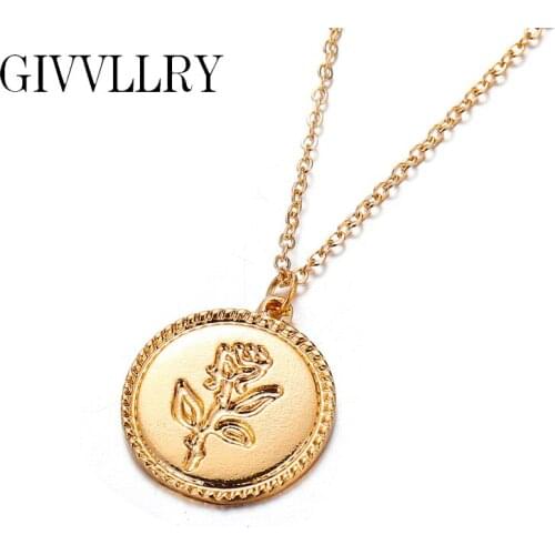 Free Shipping Rose Gold Flower Pendant Necklaces For Women Elegant Carved Coin Necklace Friends Jewelry Gift