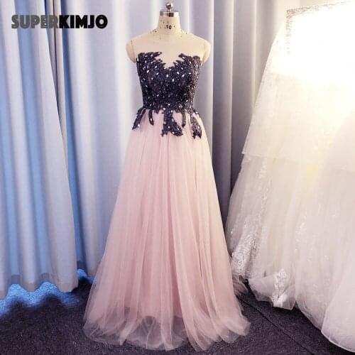 SuperKimJo Vestido De Fiesta Pink Prom Dresses Long Navy Blue Lace Applique Sleeveless Elegant Cheap Prom Gown Abendkleider