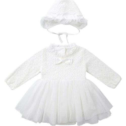 Newborn Baby Girl Princess Dress Long Sleeve Lace Tulle Tutu Romper Dress With Beanie Cap For Wedding Christening Party Pageant