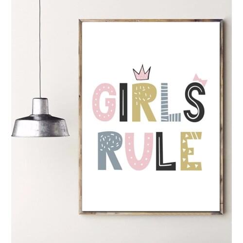 PTA106 Cartoon Girls Rule Quote Canvas Art Print Poster, Boys Rule Wall Pictures for Girl Room Decoratio
