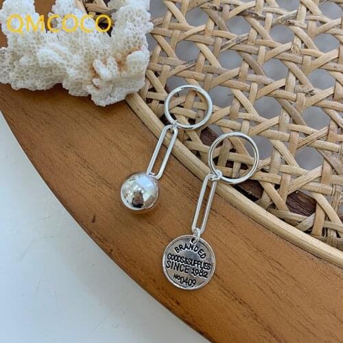 QMCOCO 925 Silver Personality Asymmetrical Round Ball Letter Pendant Earrings Fashion Hollow Out Temperament Women Eardrop