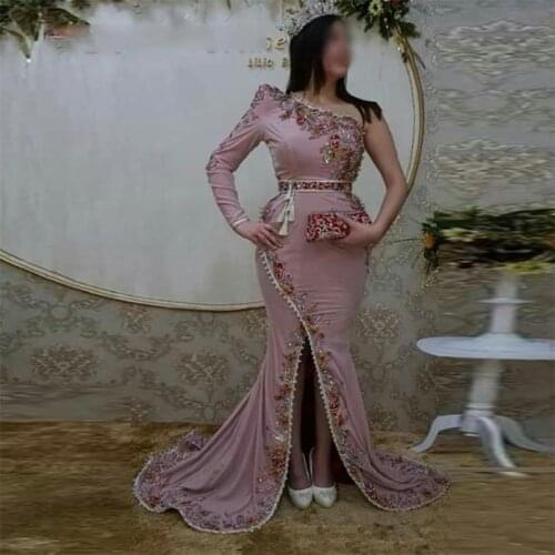 Pink High Slit Mermaid Evening Dress Moroccan Kaftan Beaded Appliques Saudi Arabic Formal Dubai Robe De Soiree Prom Gown Custom