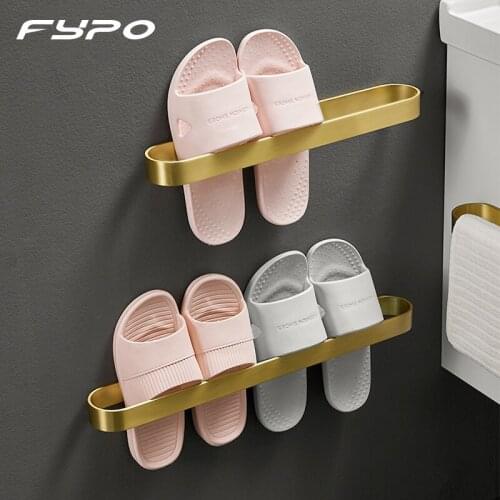 Fypo Slipper Rack Wall-Mounted Shoes Storage Rack Towel Hanger Brushed Gold Towel Rack Punch-Free Slippers Holder Home Organizer